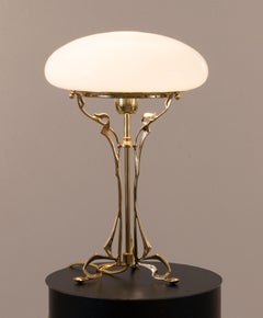 Austro-Hungarian Floral Jugendstil Brass & Opal Glass Table Lamp, Re-Edition