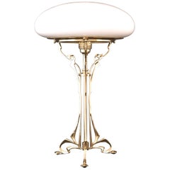 Austro-Hungarian Floral Jugendstil Brass & Opal Glass Table Lamp, Re-Edition