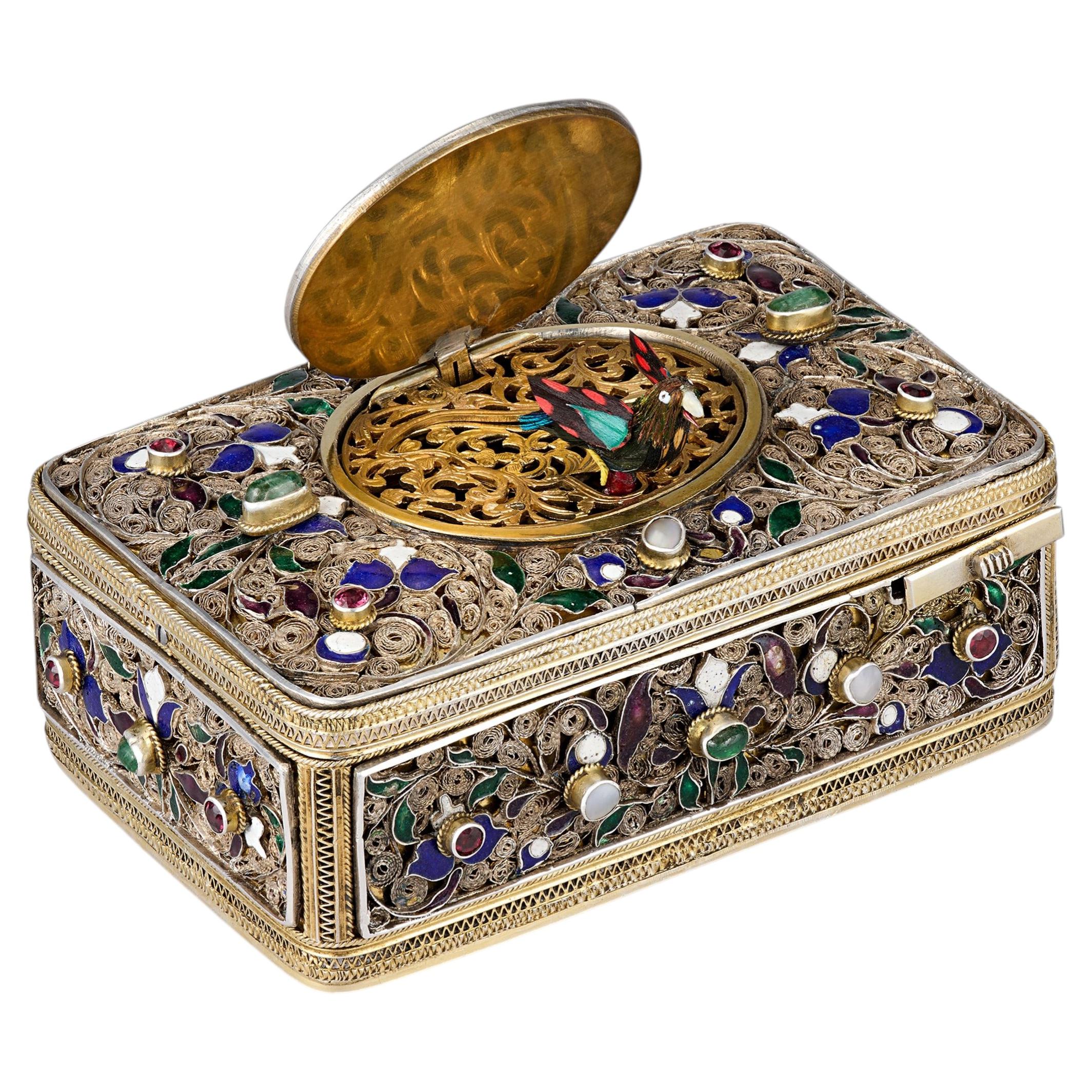 Austro-Hungarian Jeweled Silver Singing Bird Box