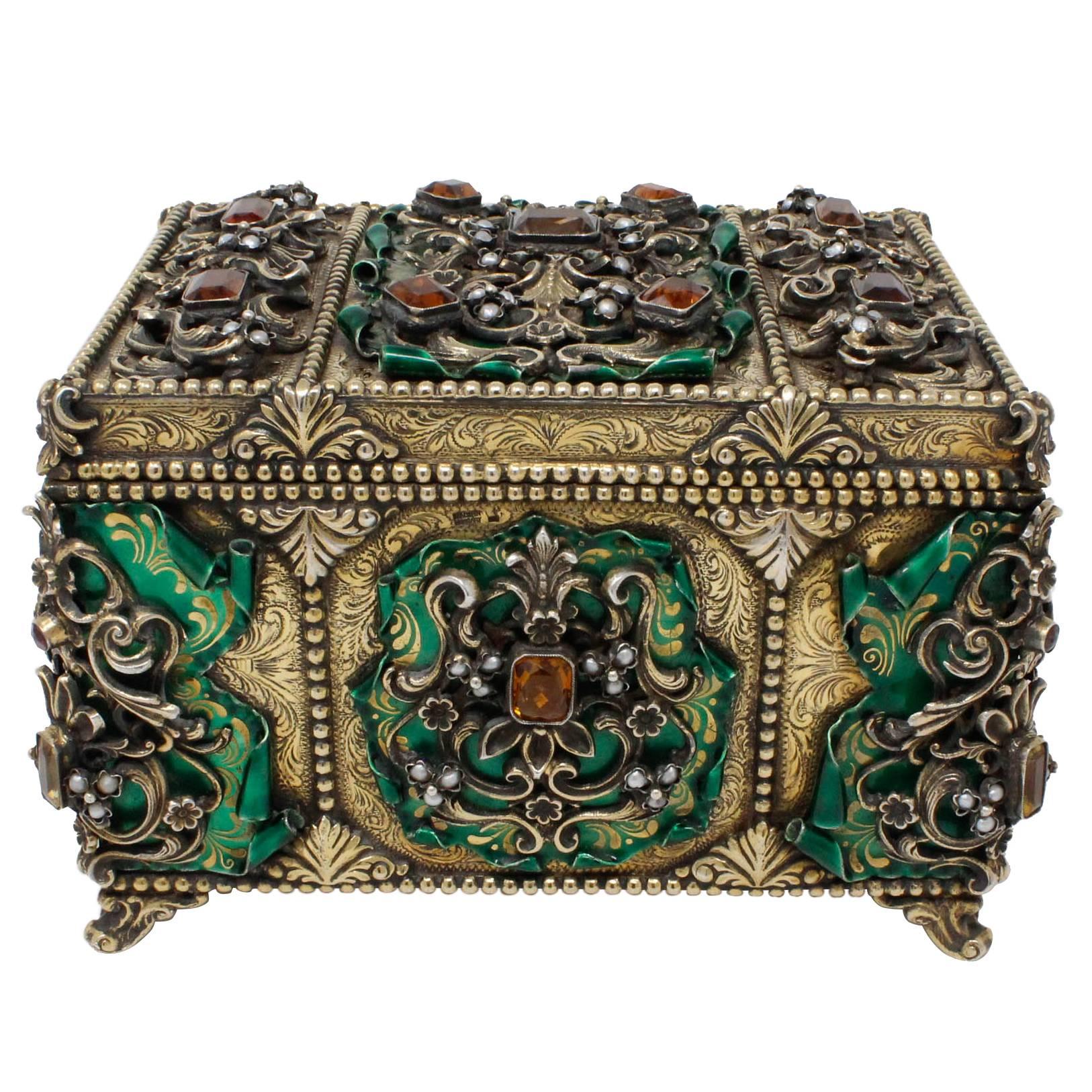 Austro-Hungarian Jewelled Casket, 925 Silver Gilt, Enamel, Gemstones, circa 1900 For Sale