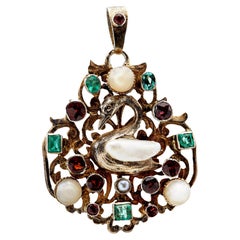 Austro-Hungarian Renaissance Revival Pearl and Gemstone Swan Silver Pendant
