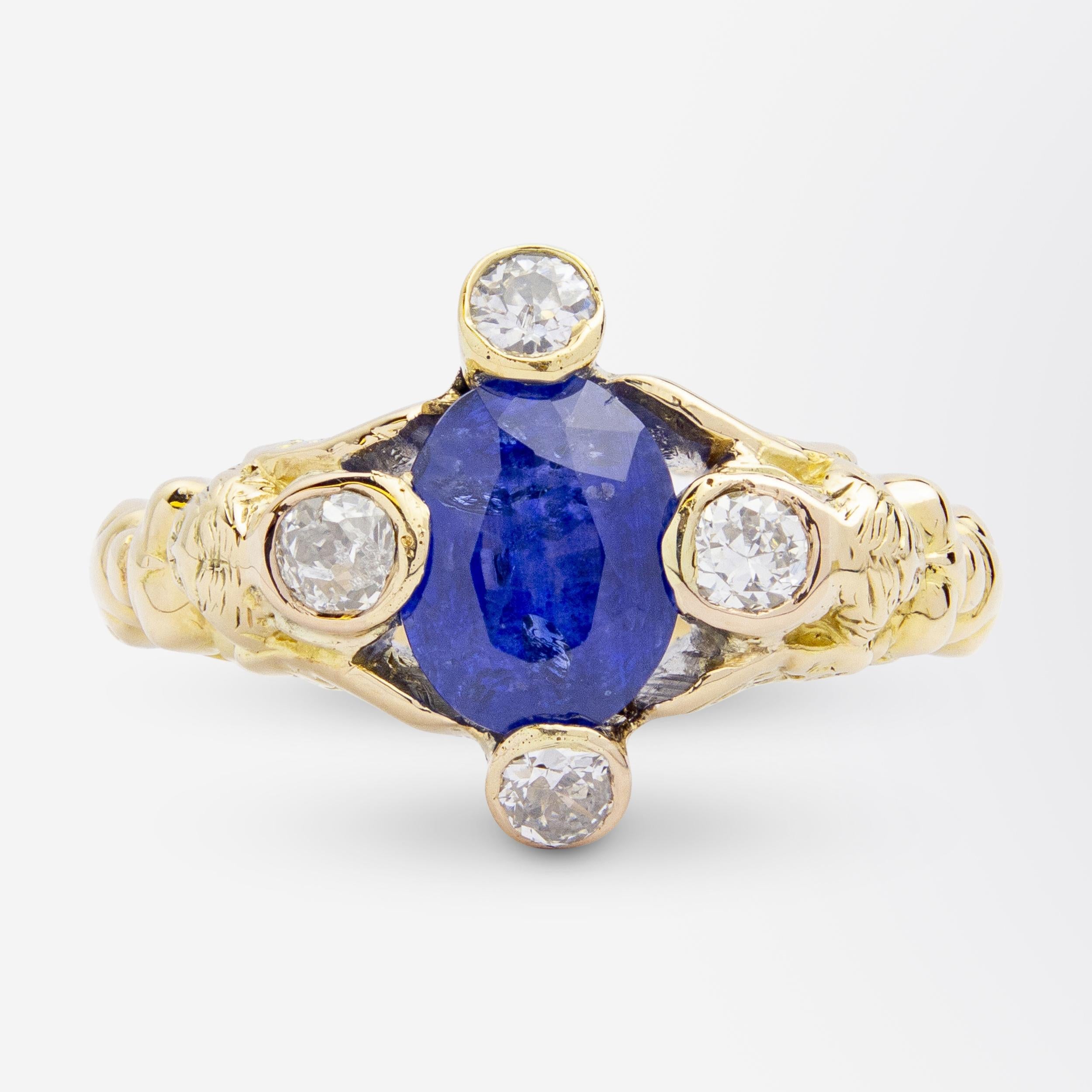 Caryatid-Ring aus österreichisch-ungarischem Saphir und Diamant (Ovalschliff) im Angebot