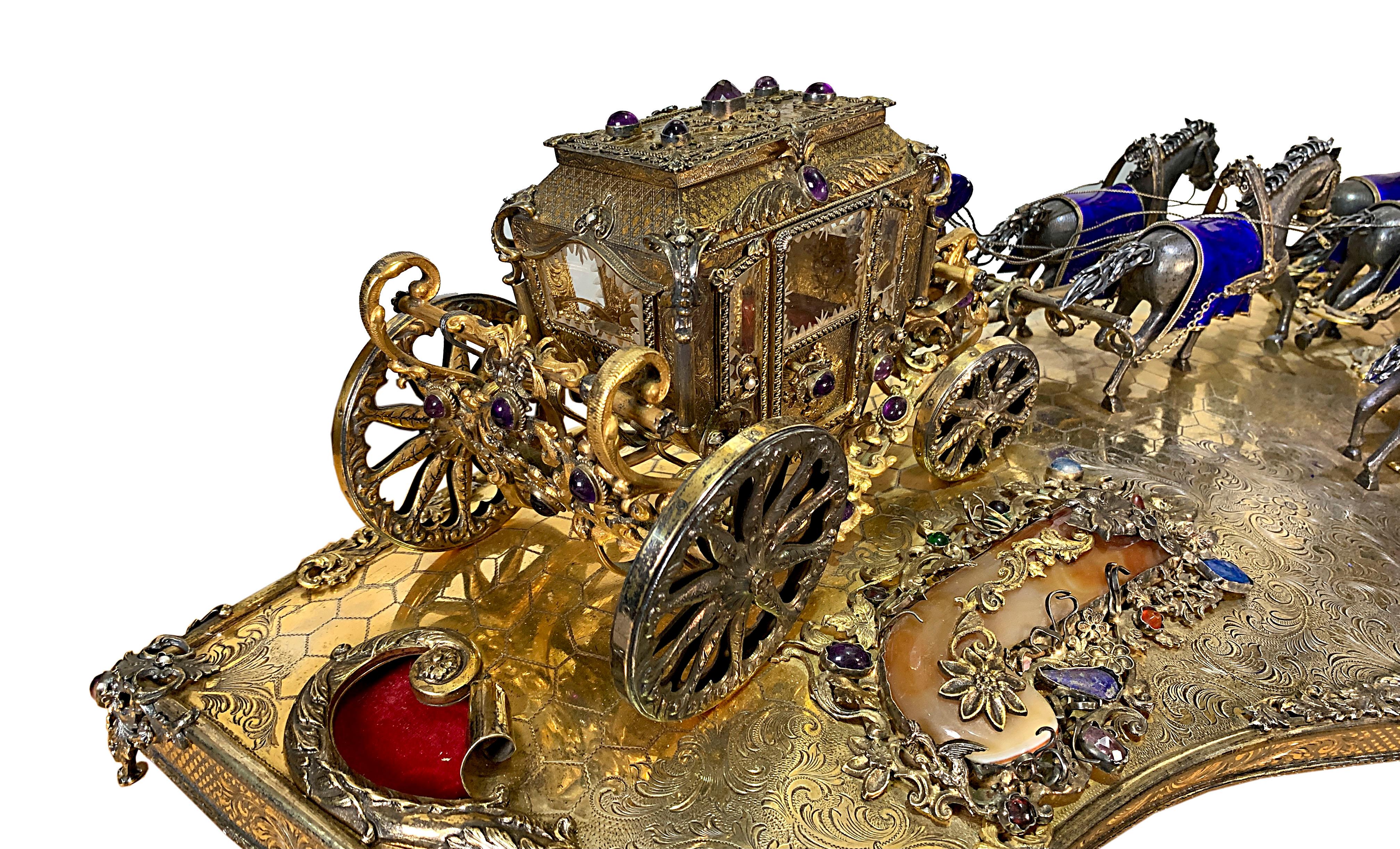 Austro-Hungarian Silver, Enamel and Gems Carriage Set For Sale 1