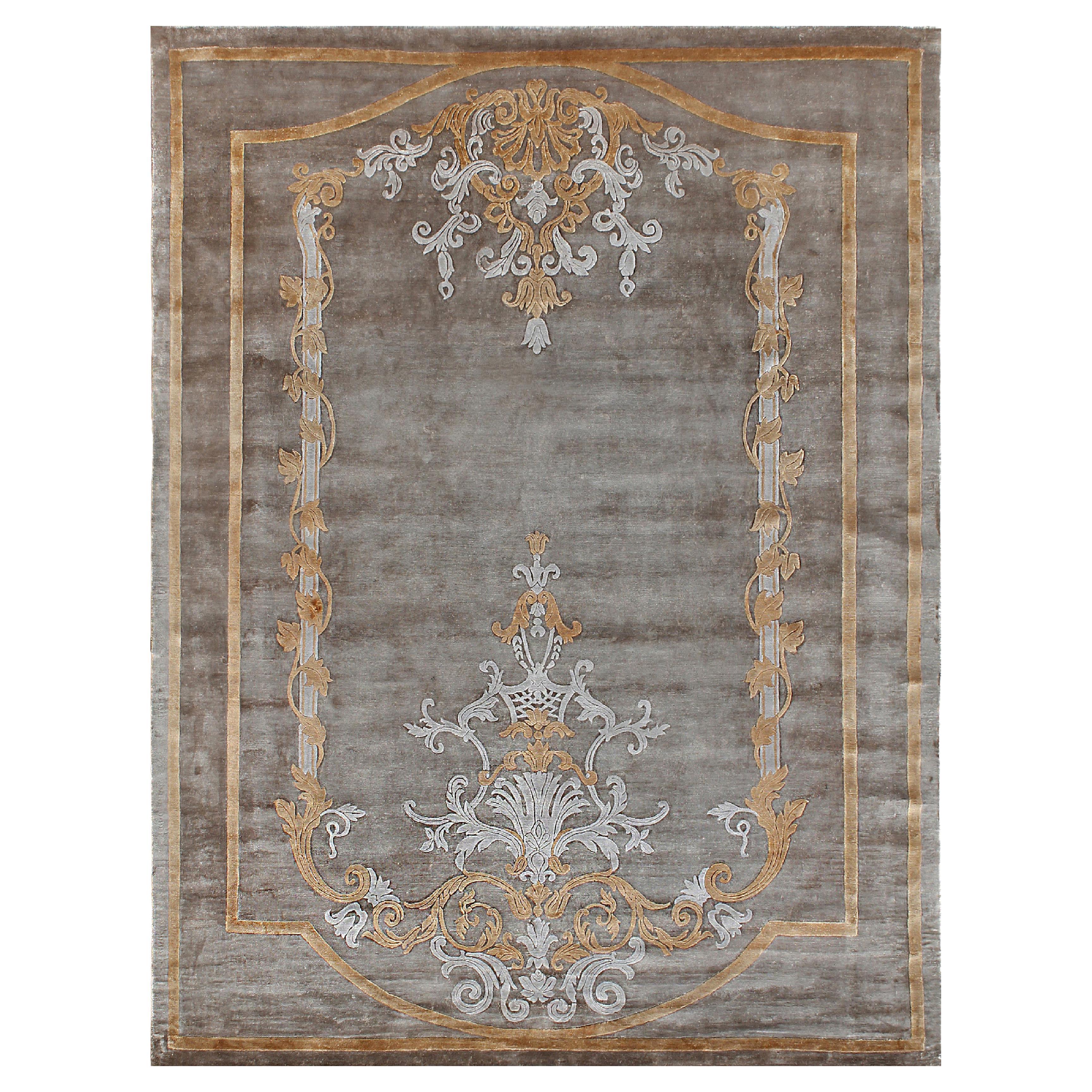 AUSTYN Hand Knotted Transitional Border Silk Rug in Taupe Gold Colour By Hands