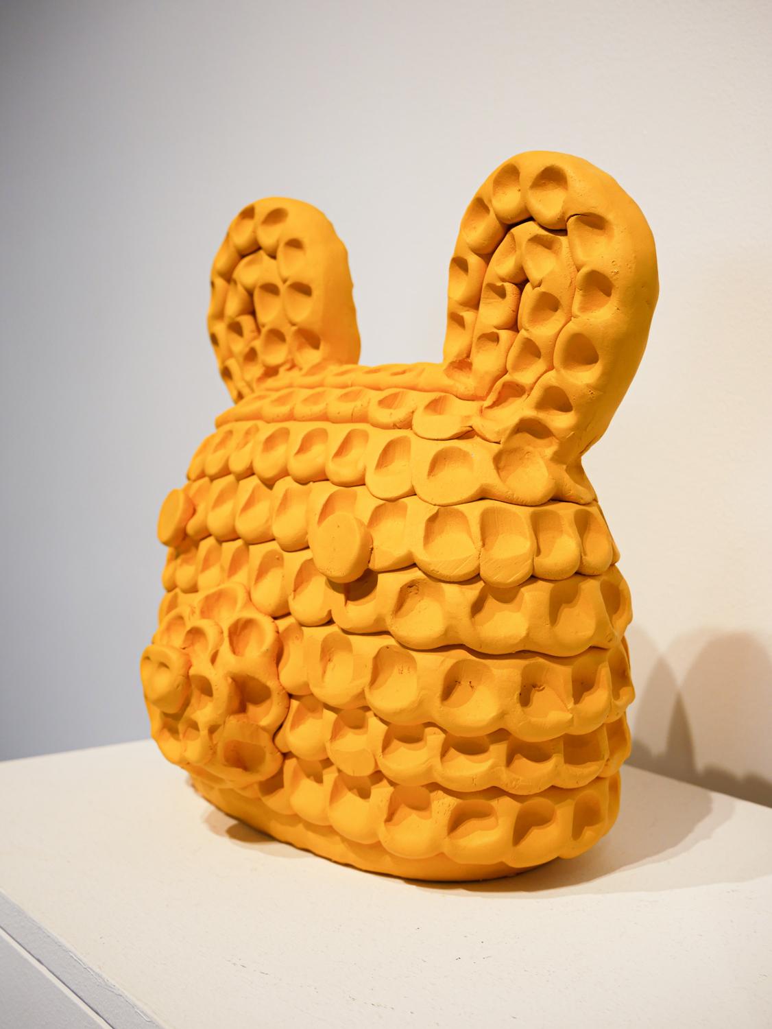 Small yellow abstract contemporary stoneware sculpture by Mendocino, CA-based artist, Austyn Taylor. This piece is included in a 2023 group exhibition, 
