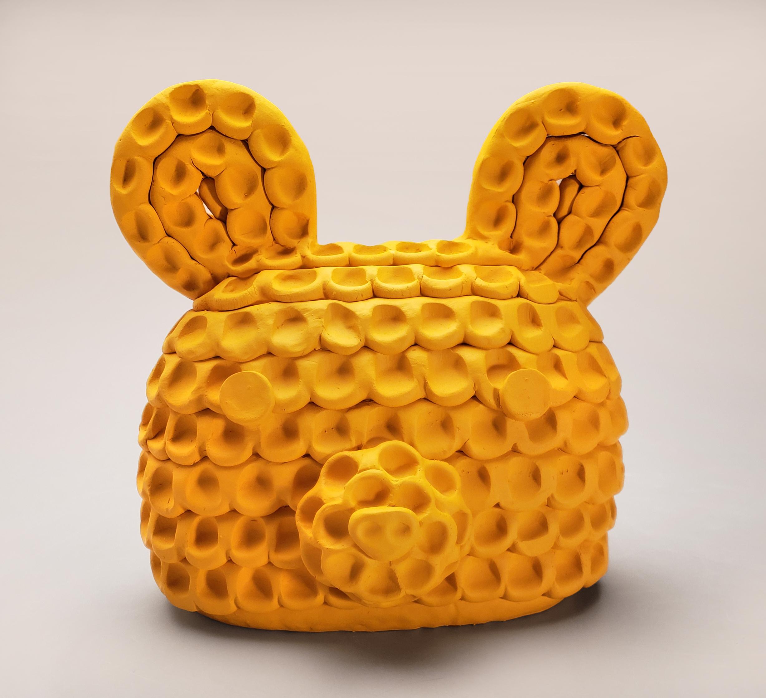 Austyn Taylor Abstract Sculpture - "Honey Bear" Small Yellow Abstract Contemporary Stoneware Sculpture of a Bear