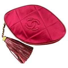 Auth CC Chanel Silk Satin And Leather Clutch Bag