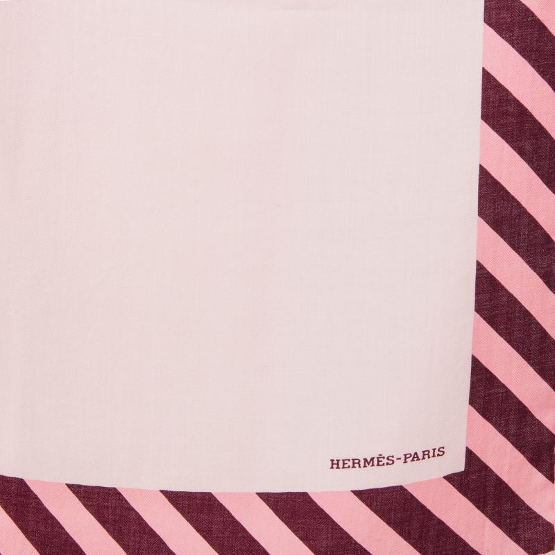 Hermes 'Palanque 140' shawl in baby pink cashmere (70%) and silk (30%) with details in burgundy, pink, off-white and pumpkin. Brand new.

Width 140cm (55in)
Height 140cm (55in)