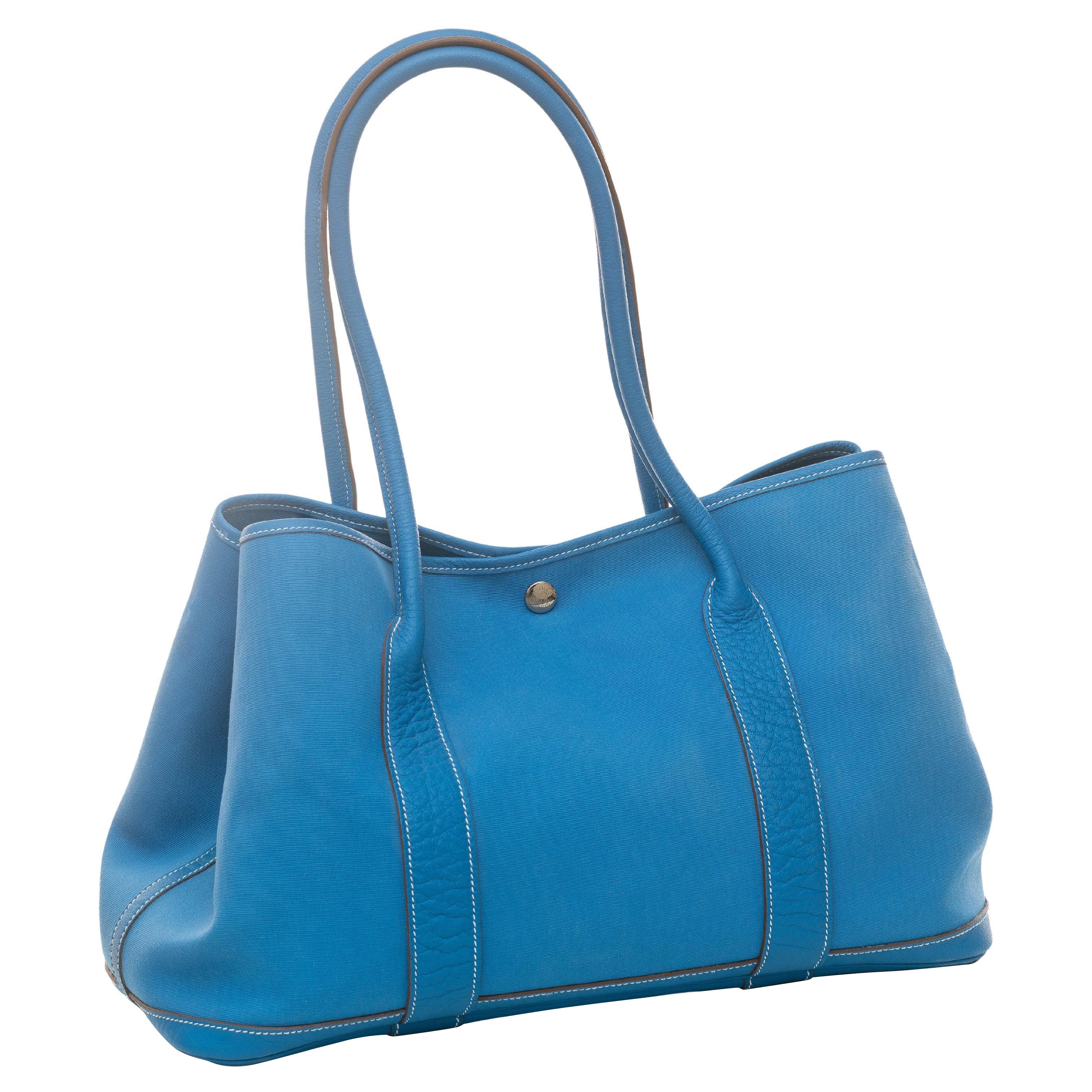 Auth. Hermès Bag Garden Party 38cm – Blue – Country Leather & Canvas - New For Sale