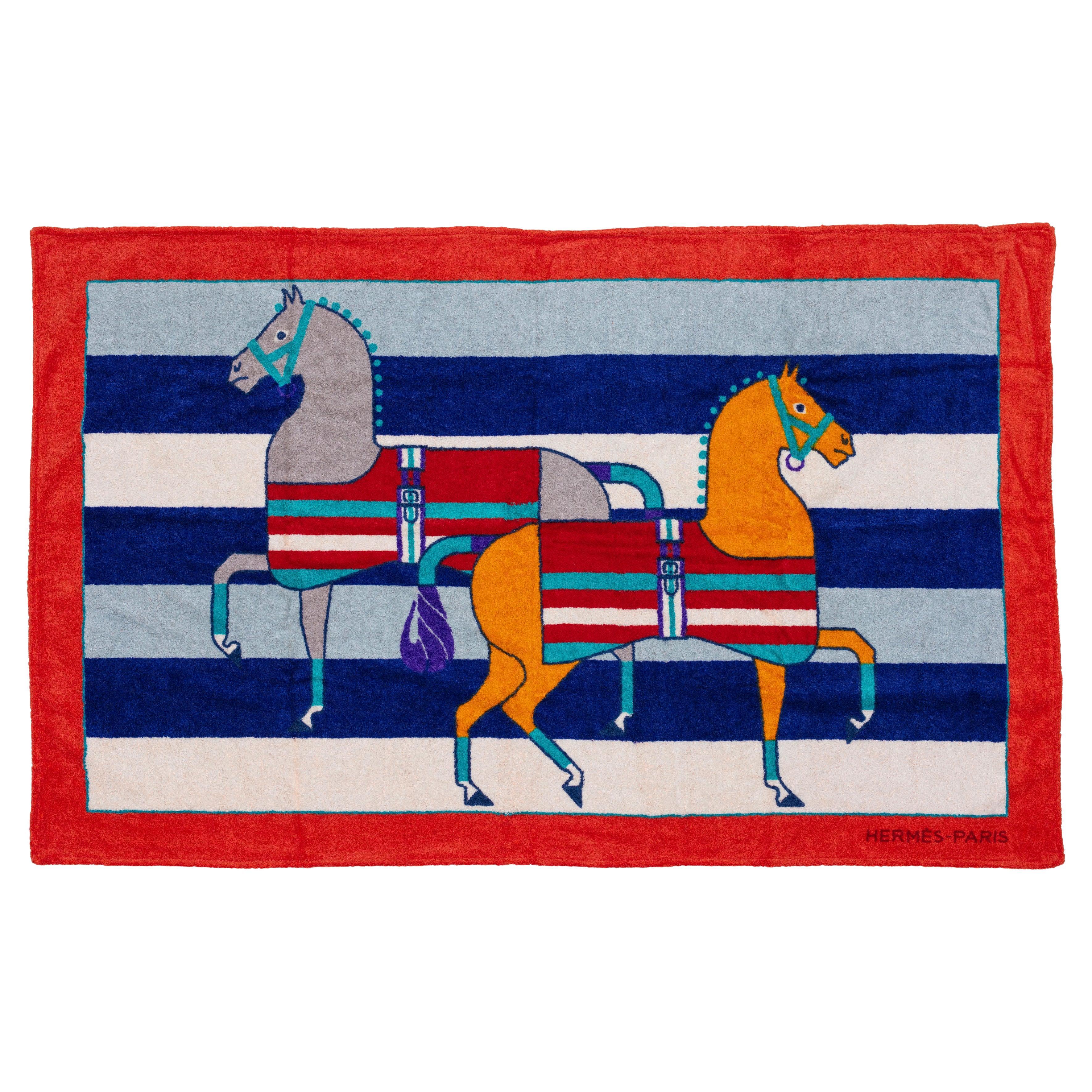 Auth. Asciugamano da spiaggia Hermes Cavalli Rosso Blu - 100% cotone - Nuovo / Etichetta di manutenzione