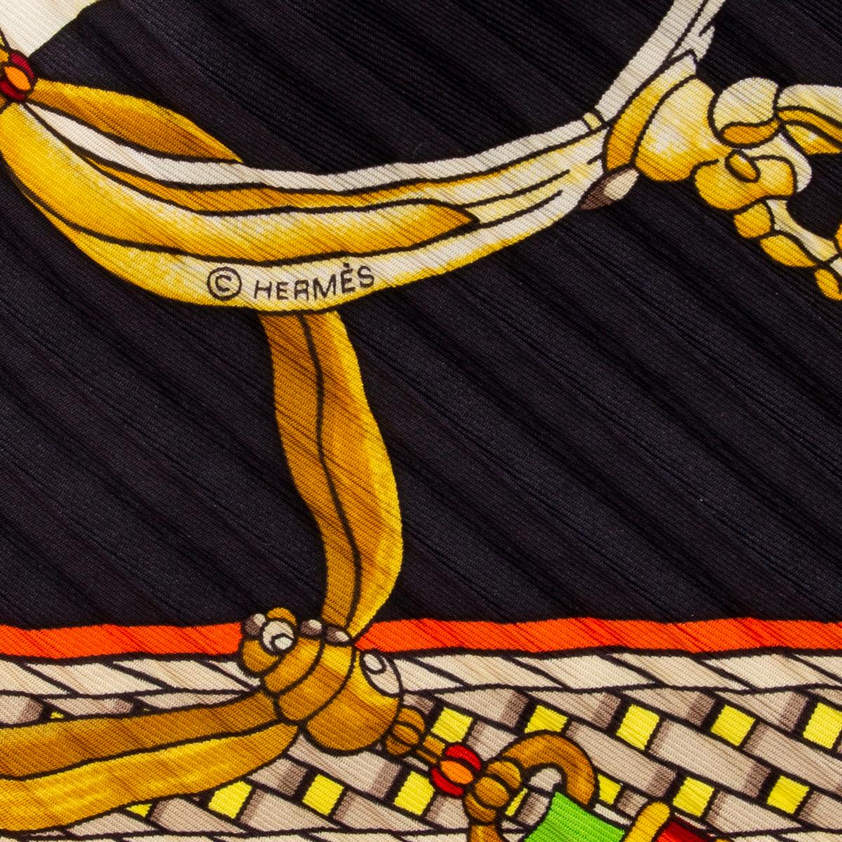 Black auth HERMES black CONCOURS D'ETRIERS 90 PLISSE silk Scarf