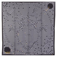 auth HERMES black grey PARCOURS D'H 90 silk twill Scarf