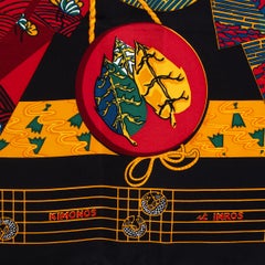 auth HERMES black KIMONOS ET INROS 90 silk twill Scarf