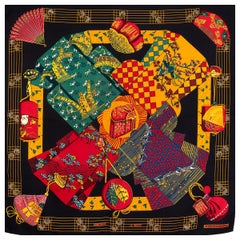 auth HERMES black KIMONOS ET INROS 90 silk twill Scarf