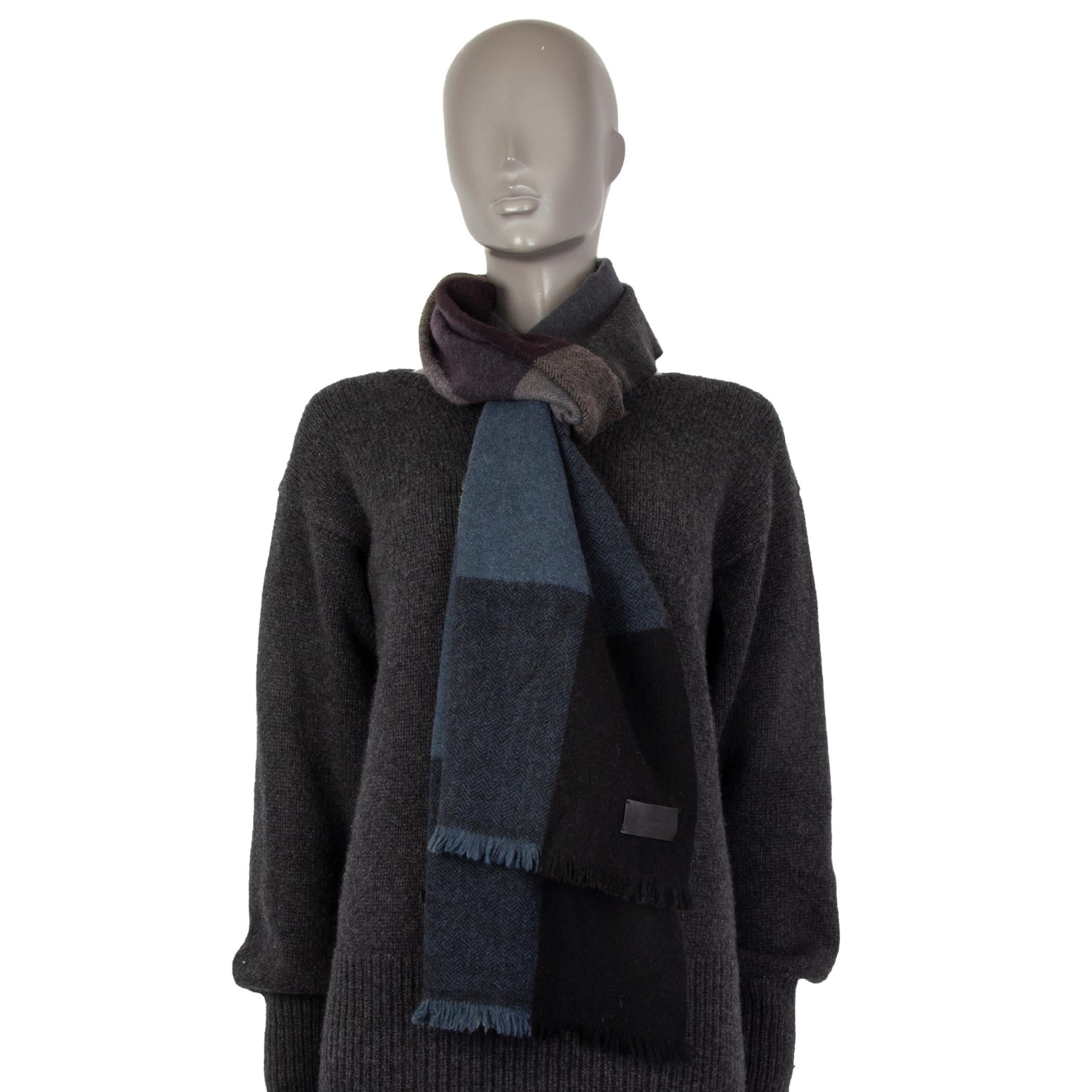 Black auth HERMES blue black grey cashmere & yak Herringbone Shawl Scarf