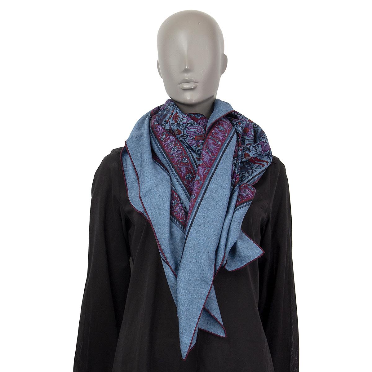 auth HERMES blue CHASSE EN INDE 140 cashmere silk Shawl Scarf 1