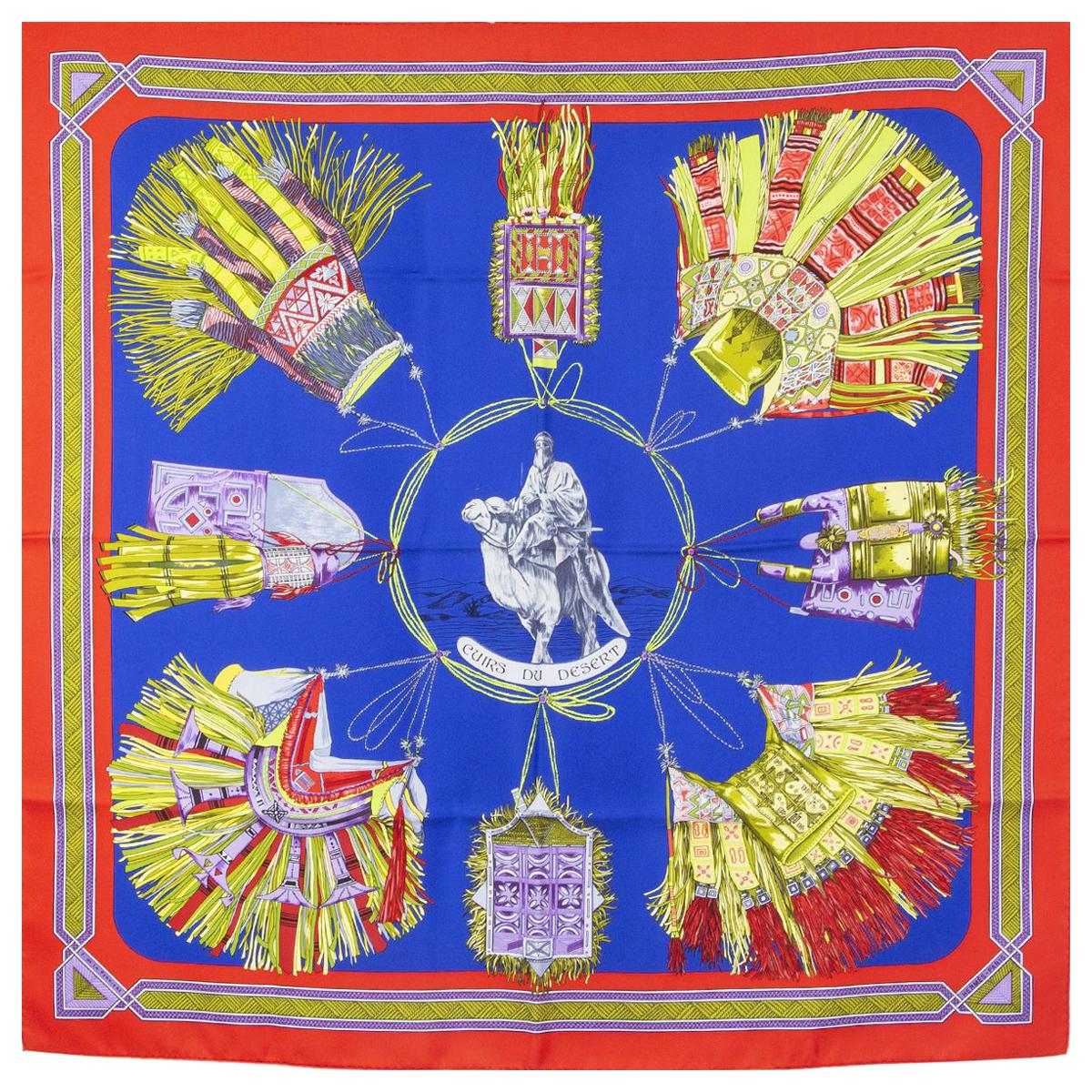 auth HERMES blue CUIRS DU DESERT 90 silk twill Scarf