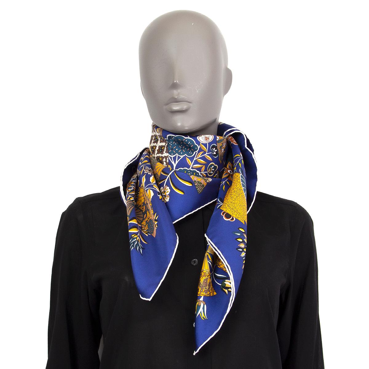 Blue auth HERMES blue FLEURS ET PAPILLON DE TISSUS 90 silk twill Scarf