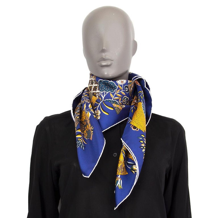 Écharpe Hermès Tahiti 90 En Soie Bleu Cobalt - Modèle Multicolore, Occasion