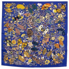 auth HERMES blue FLEURS ET PAPILLON DE TISSUS 90 silk twill Scarf