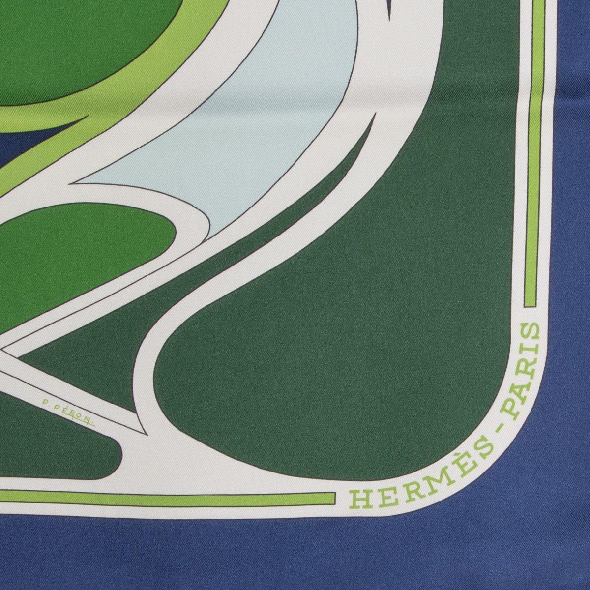 authentic Hermes 'Virages 70' scarf by Pierre Peron in dark blue vintage silk (100%) with details in white and various shades of green. Has been worn and is in excellent condition.

Width 70cm (27.3in)
Height 70cm (27.3in)