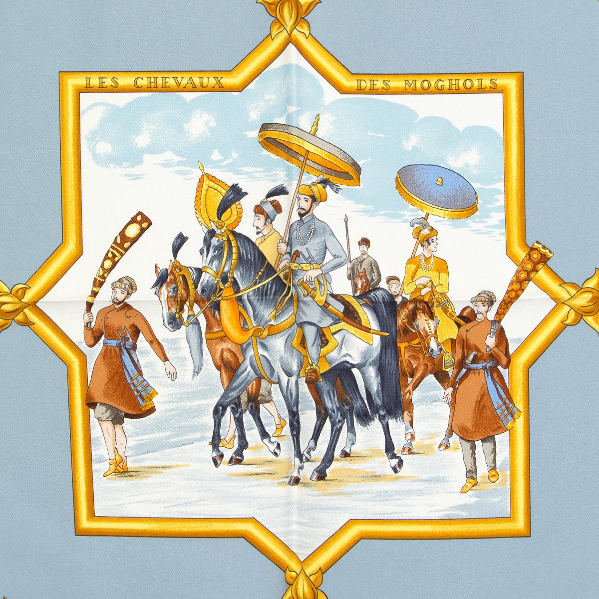 Hermes 'Les Chevaux des Moghols 90' scarf by Jean de Fougerolle in light blue silk twill (100%) with details in gold and shades of brown. Brand new.

Width 90cm (35.1in)
Height 90cm (35.1in)