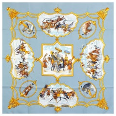 auth HERMES blue LES CHEVAUX DES MOGHOLS 90 silk twill Scarf