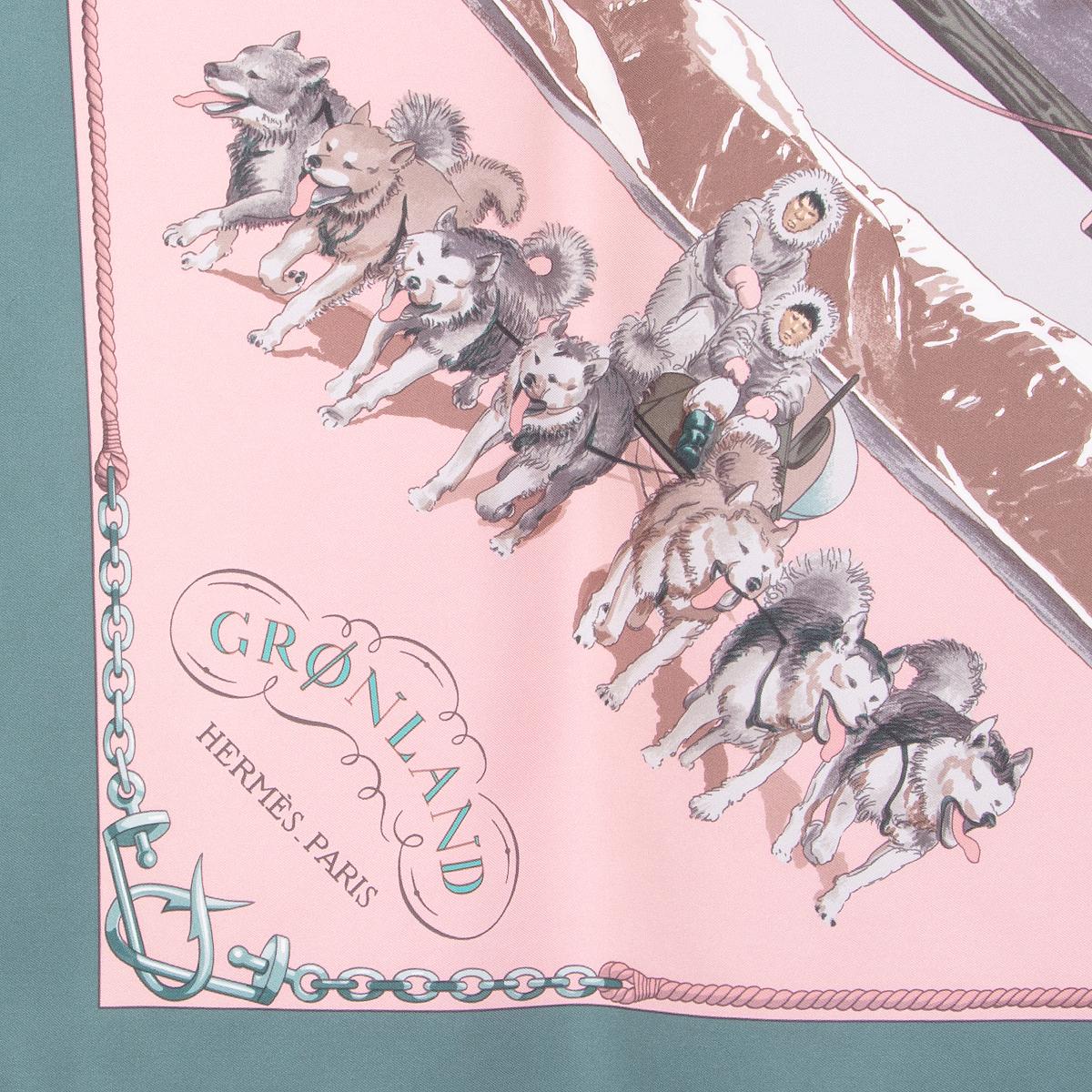 Hermès 'Grønland' 90 scarf in pale petrol, baby pink, taupe, light grey, grey, olive green, rust, beige and turquoise silk (100%). Has been worn and is in excellent condition. 

Width 90cm (35.1in)
Height 90cm (35.1in)