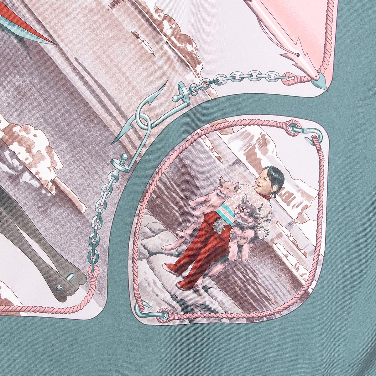 Gray auth HERMES blue pink GRONLAND 90 silk twill Scarf