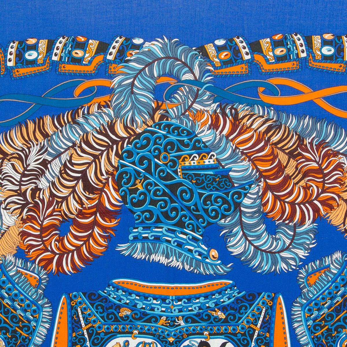 auth HERMES blue SOUS L'EDGIDE DE MARS 140 cashmere silk Shawl Scarf In Excellent Condition In Zürich, CH