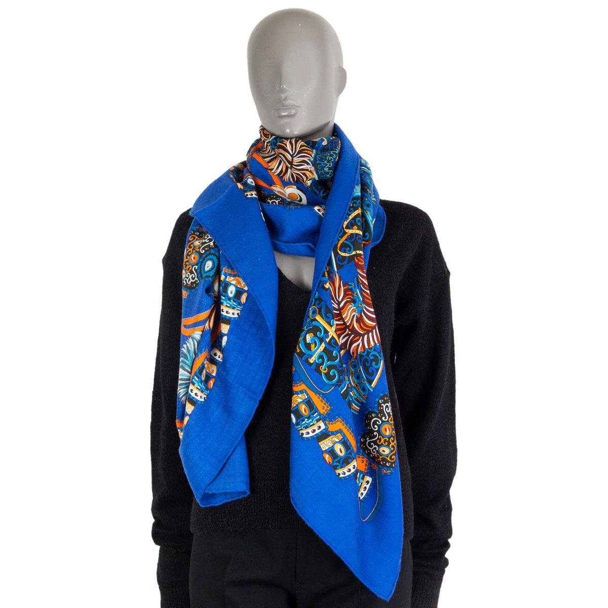 auth HERMES blue SOUS L'EDGIDE DE MARS 140 cashmere silk Shawl Scarf 2