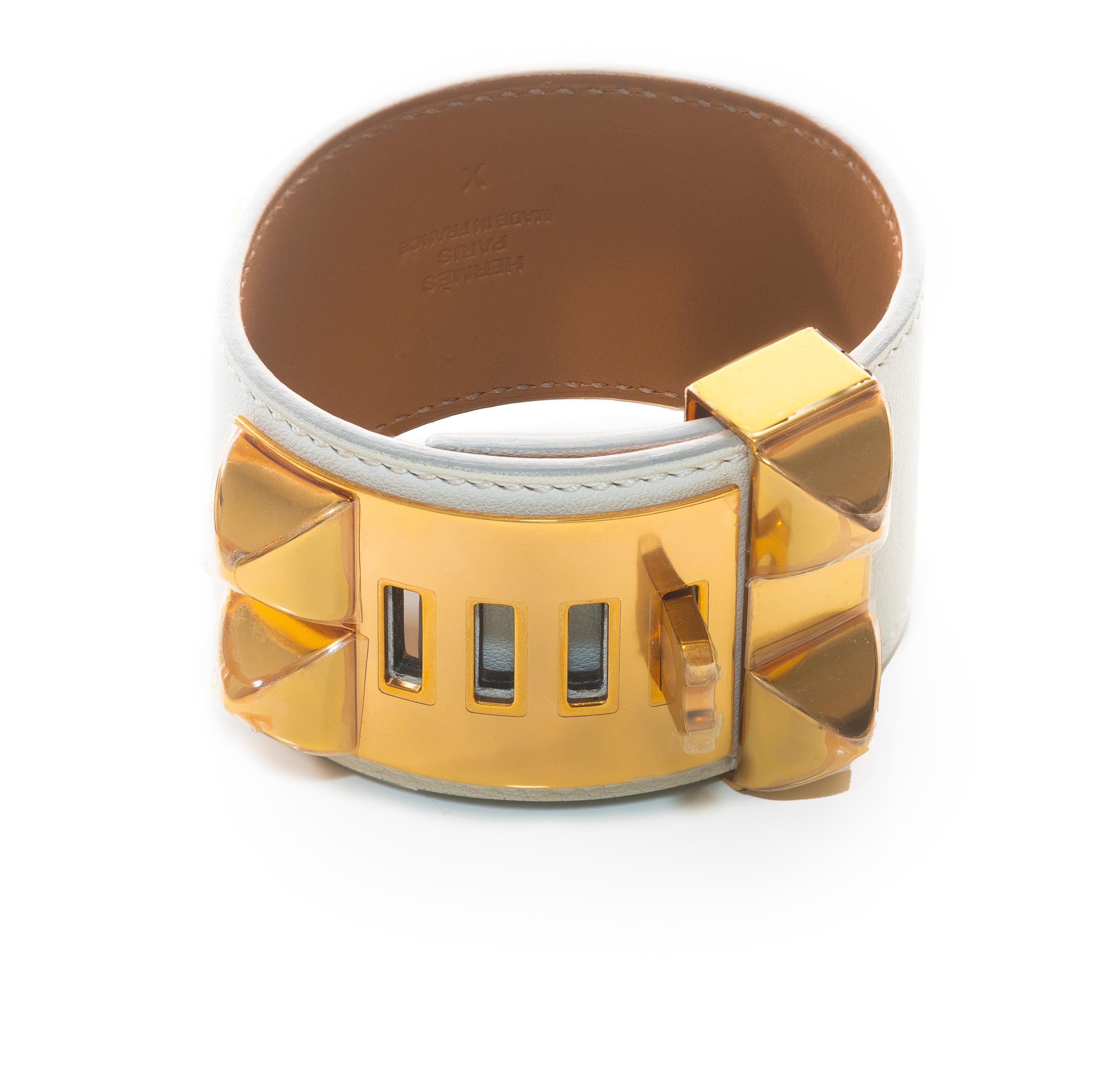 Aut. HERMES Pulsera Collier de Chien Médor Piel Swift Blanca Oro - NOVEDAD Art Decó en venta