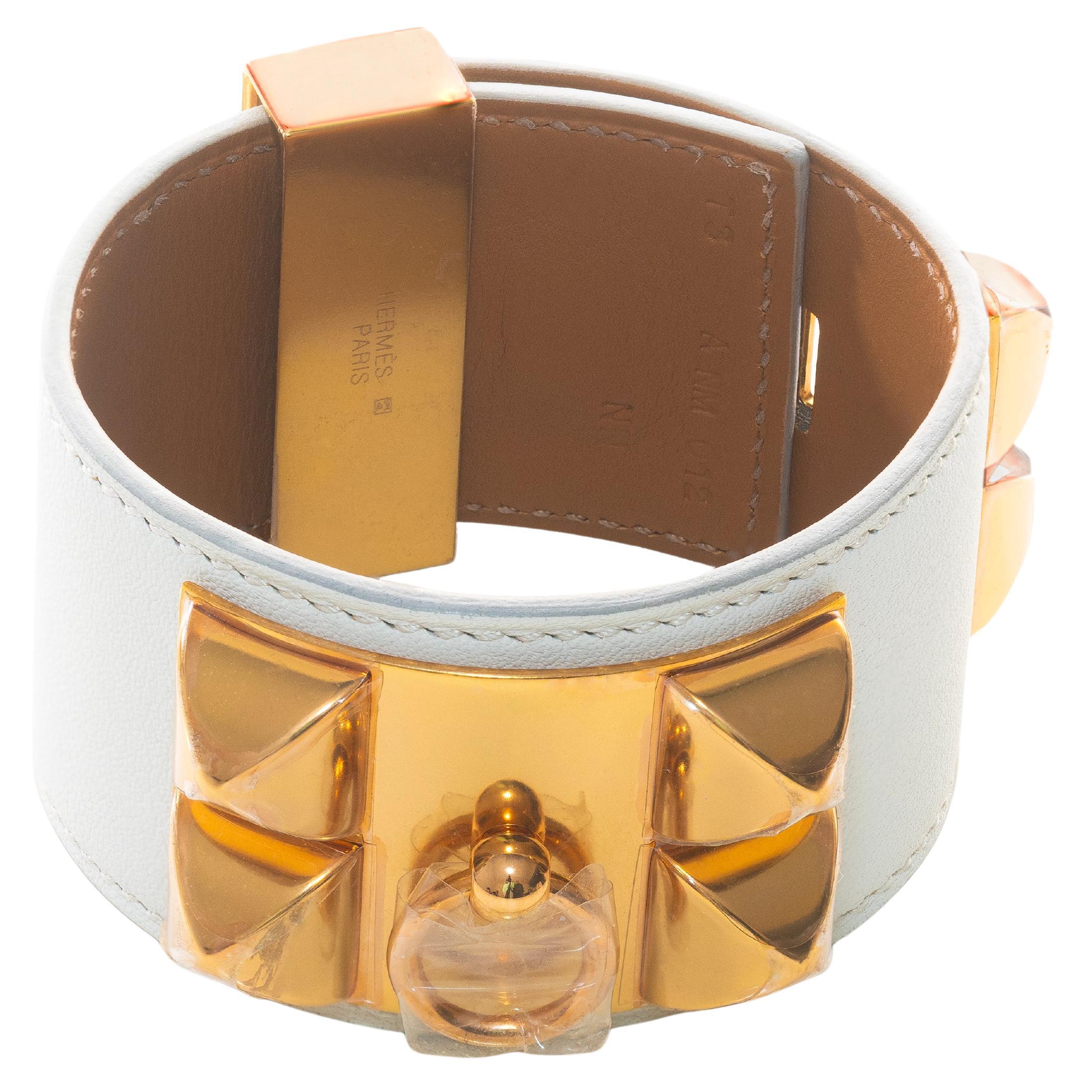 Aut. HERMES Pulsera Collier de Chien Médor Piel Swift Blanca Oro - NOVEDAD en venta