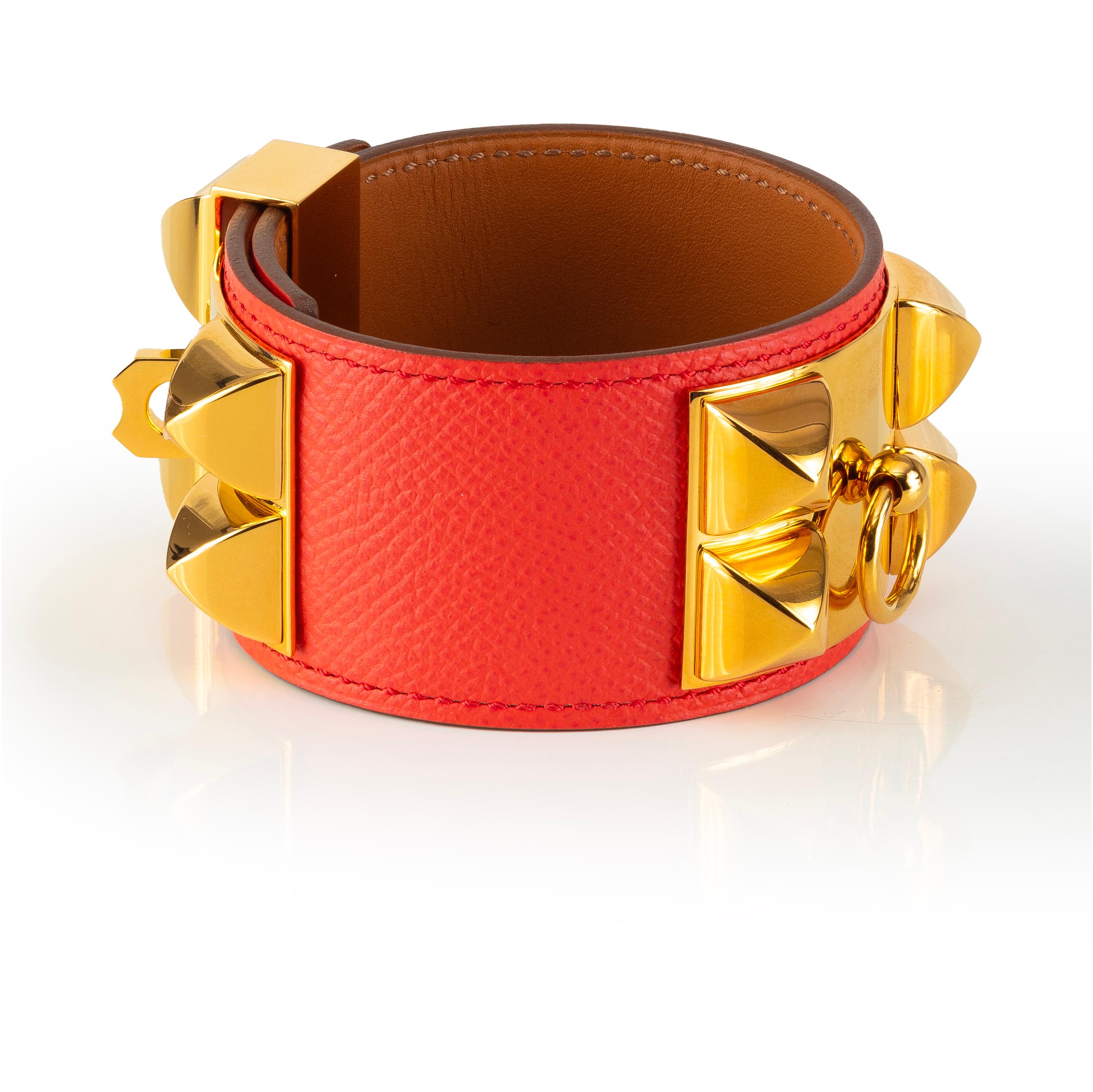 Art Deco Auth. Hermès BRACELET Medor Collier de Chien - Gold HW - Red Calf Leather NEW For Sale