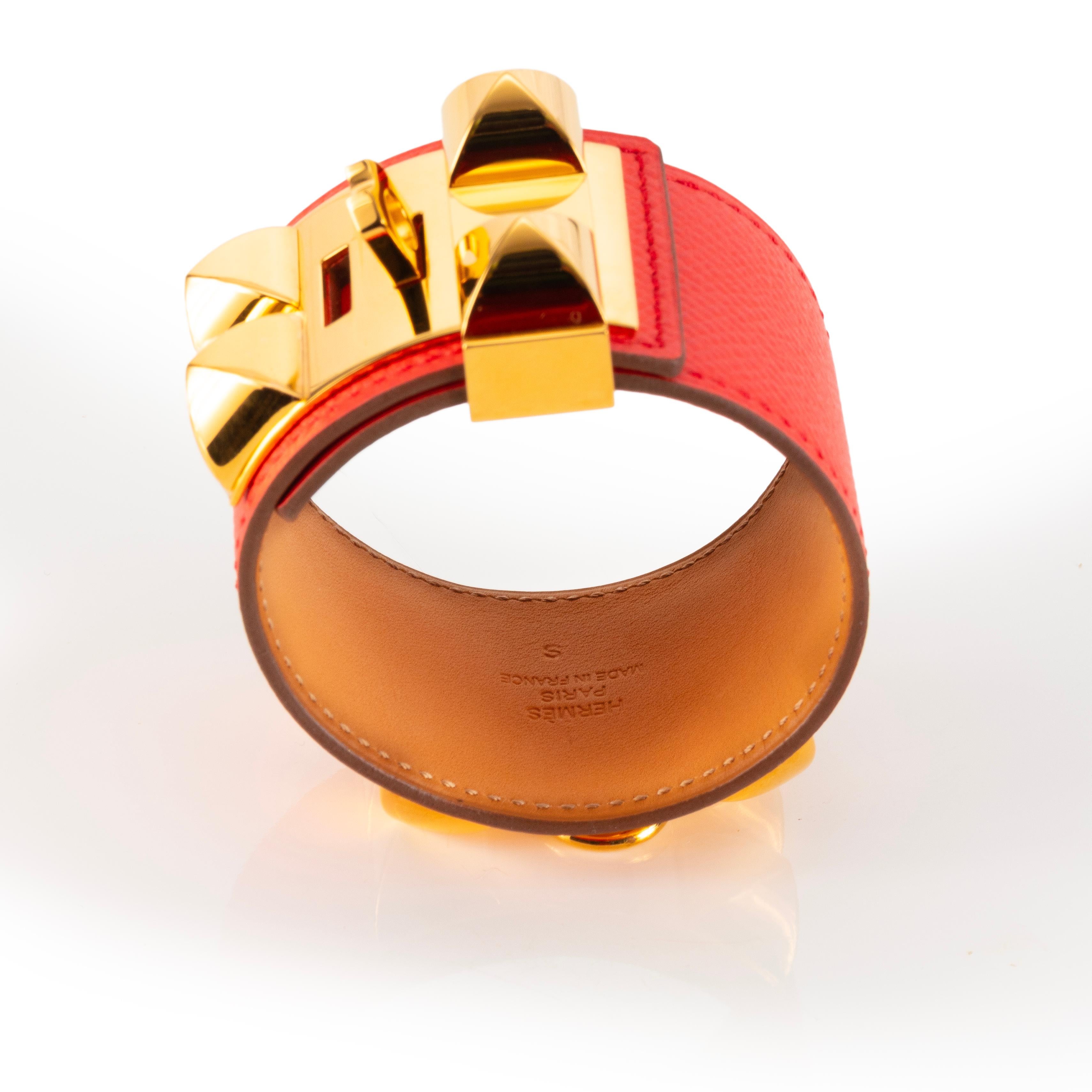 Auth. Hermès BRACELET Medor Collier de Chien - Gold HW - Red Calf Leather NEW For Sale 2