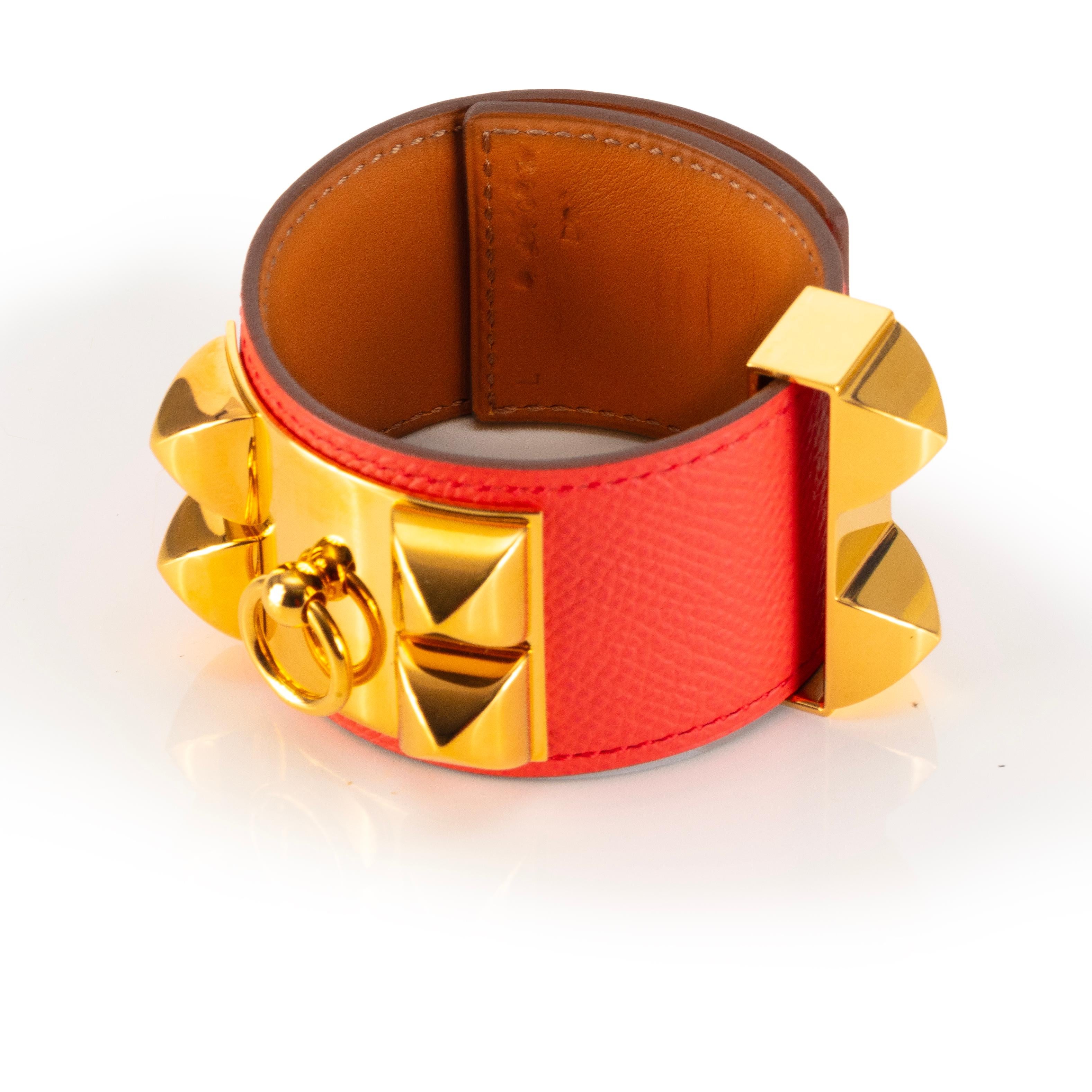 Auth. Hermès BRACELET Medor Collier de Chien - Gold HW - Red Calf Leather NEW For Sale 3