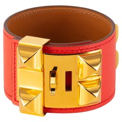 Auth. Hermès BRACELET Medor Collier de Chien - Gold HW - Red Calf Leather NEW