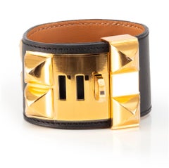 Auth. Hermès BRACELET Medor Collier de Chien Gold PL. HW  Black Leather 37mm NEW