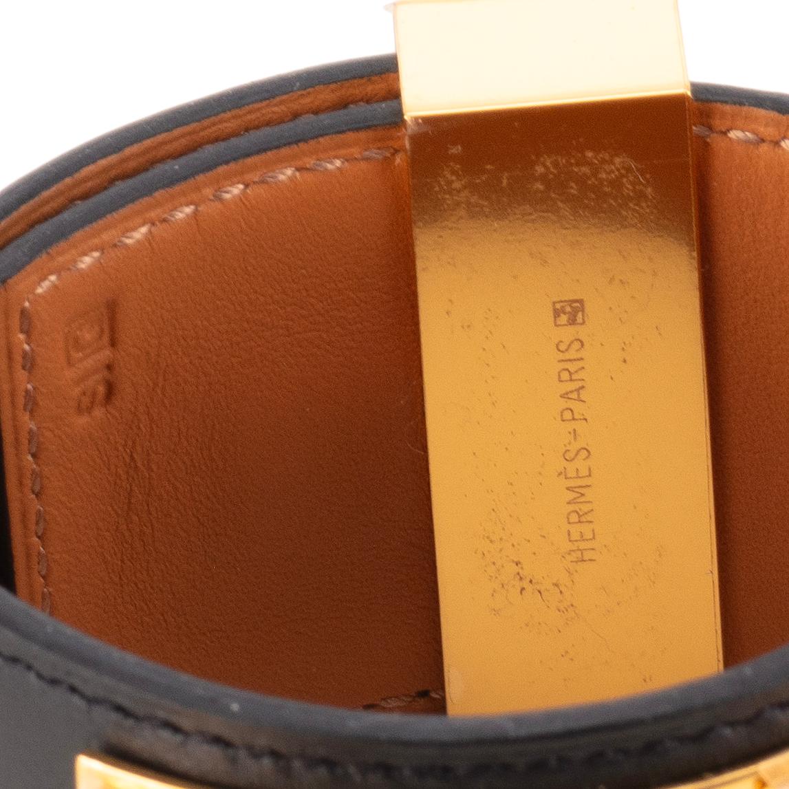 Art Déco Auth. Hermès BRACCIALE Medor Collier de Chien Oro PL. HW  Pelle nera 37 mm &New in vendita