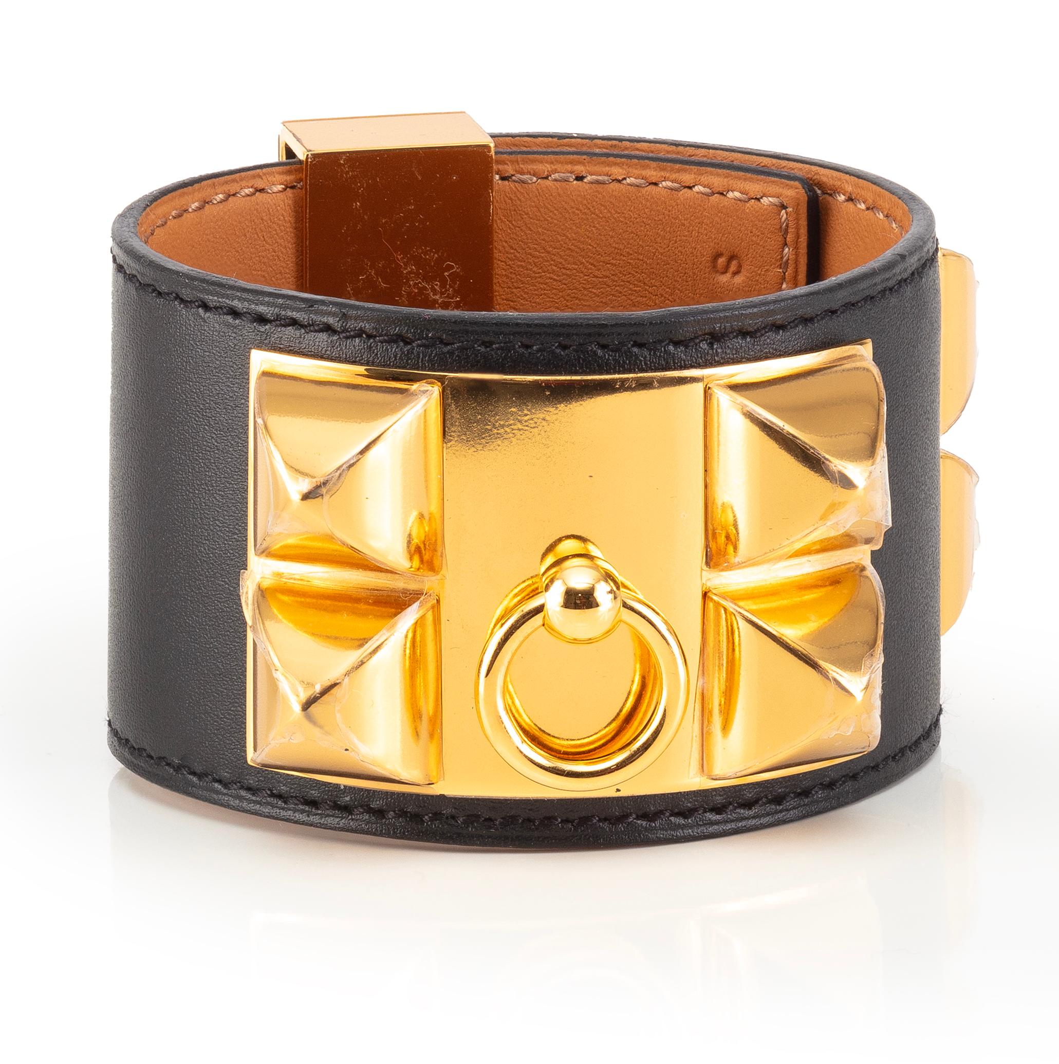Donna Auth. Hermès BRACCIALE Medor Collier de Chien Oro PL. HW  Pelle nera 37 mm &New in vendita