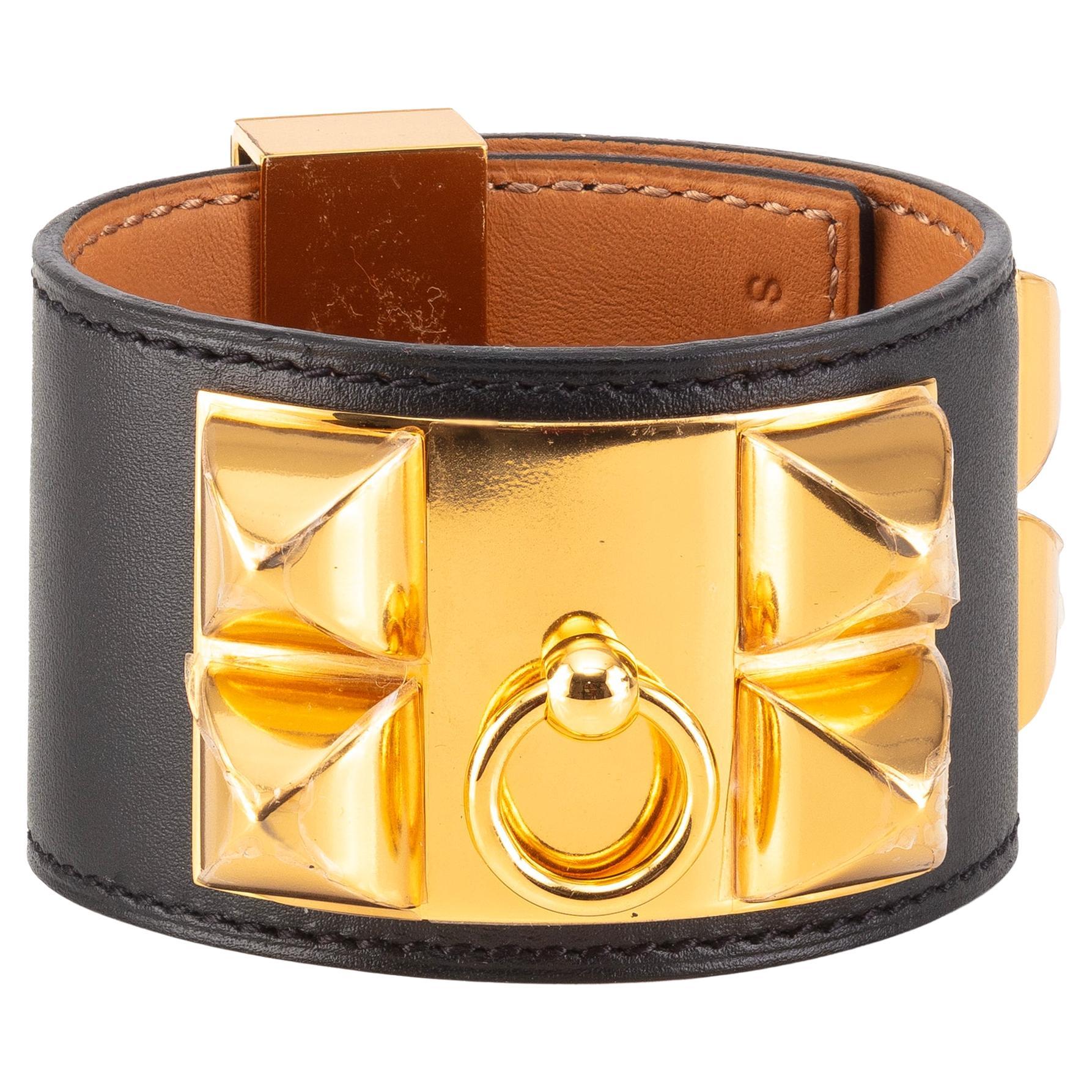 Auth. BRACELET Hermès Medor Collier de Chien Or PL. HW  Cuir noir 37mm NEW