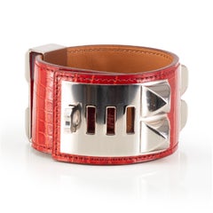 Auth. BRACELET Hermès Medor Collier de Chien - A Silver HW - Cuir Croco Rouge NEW