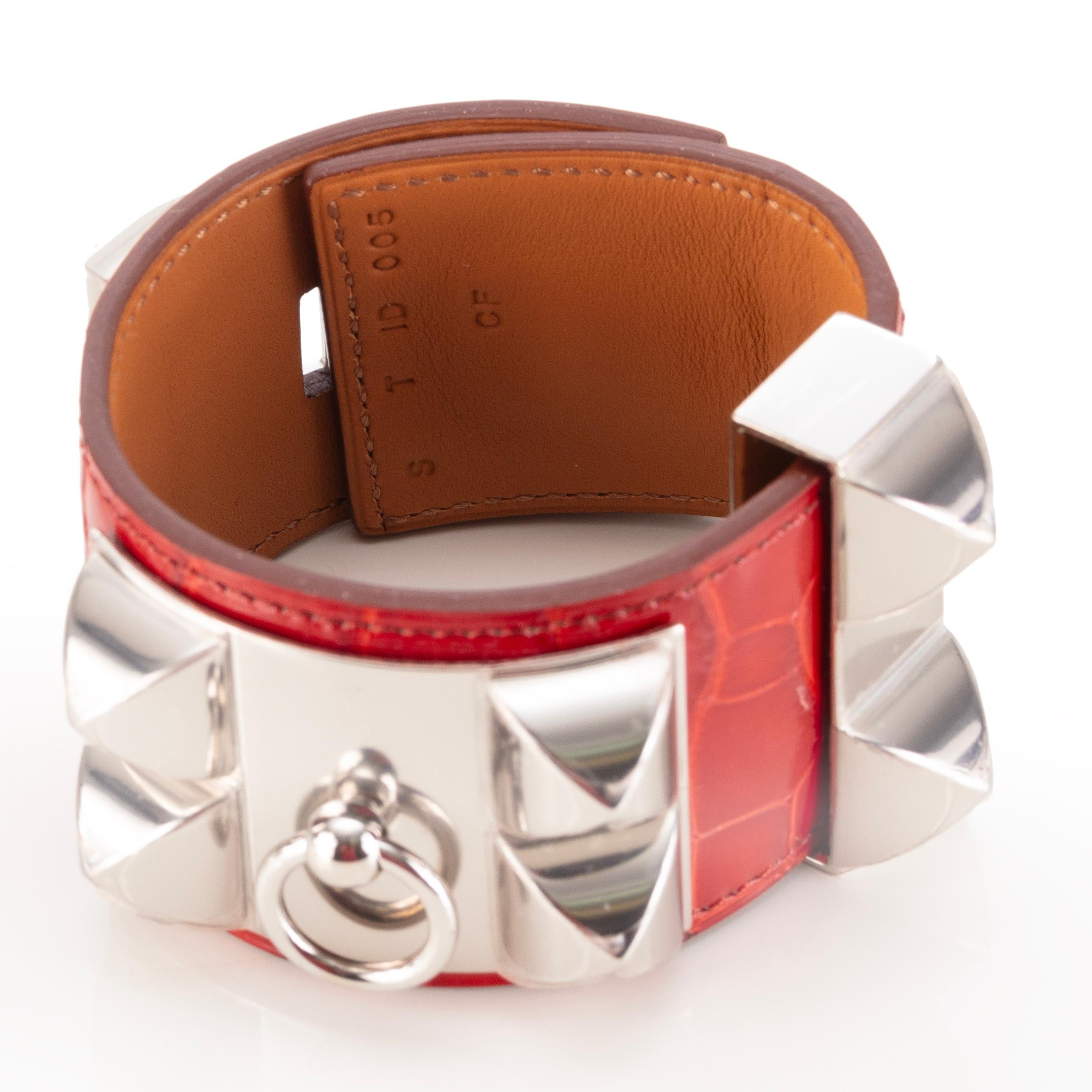 Autor. Hermès BRACELET Medor Collier de Chien - Silber HW - Rotes Krokoleder NEU Damen im Angebot