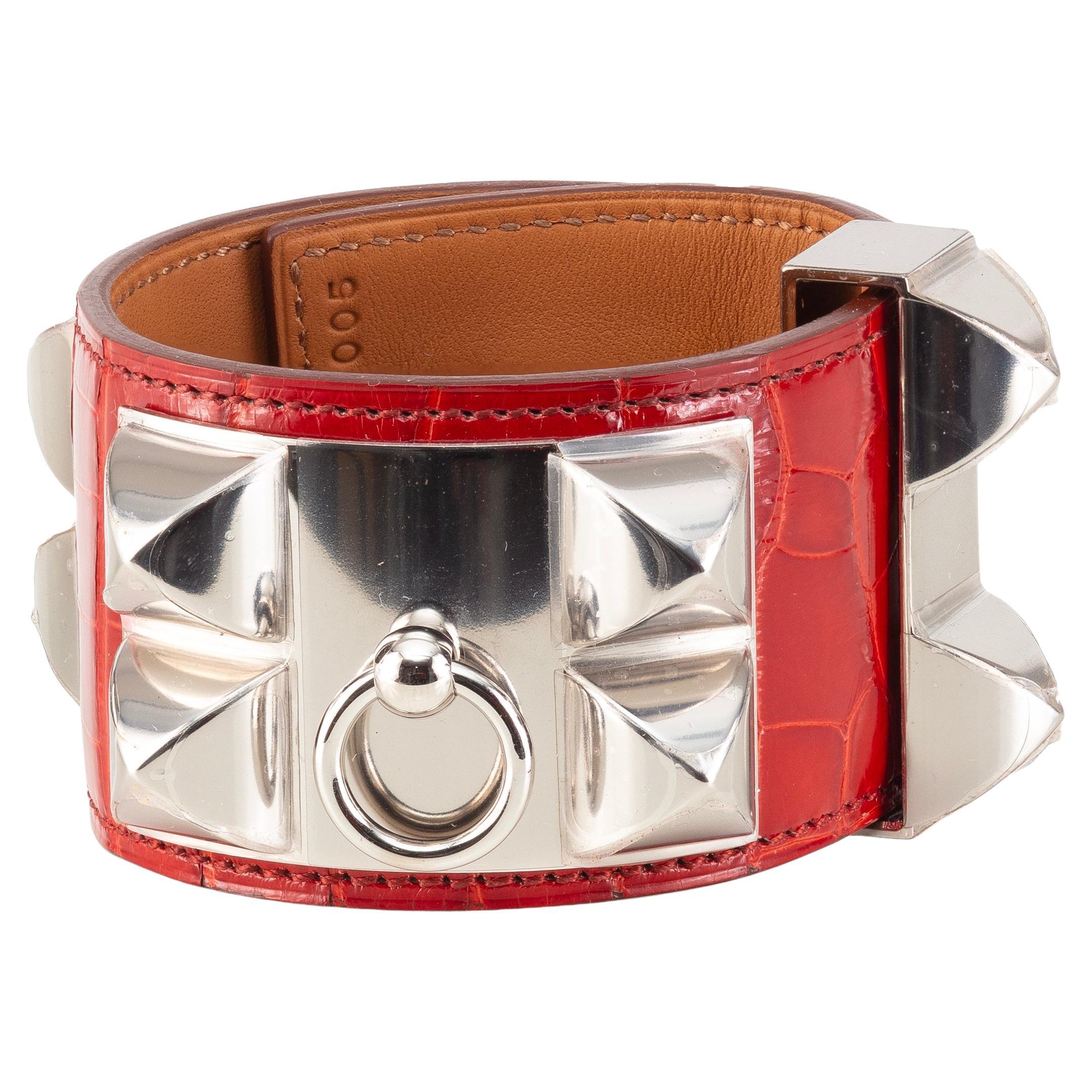 Autor. Hermès BRACELET Medor Collier de Chien - Silber HW - Rotes Krokoleder NEU im Angebot