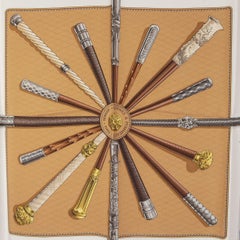 auth HERMES brown white CANNES ET PMMEAUX 90 silk twill Scarf