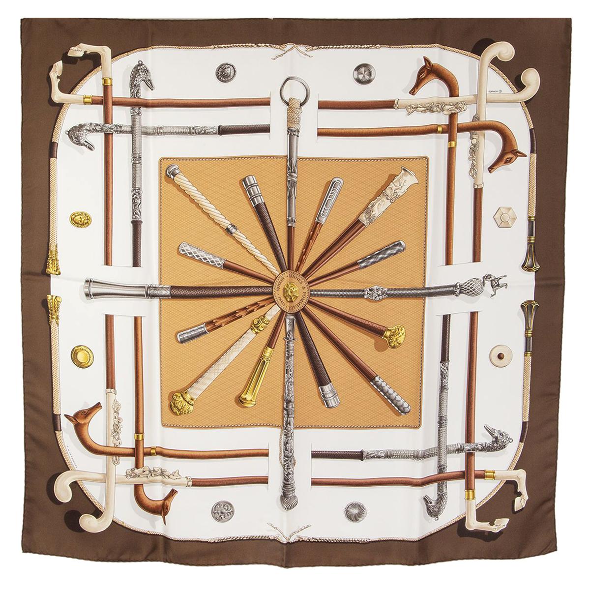 auth HERMES brown white CANNES ET PMMEAUX 90 silk twill Scarf