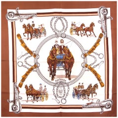 auth HERMES brown white EQUIPAGE 90 silk twill Scarf