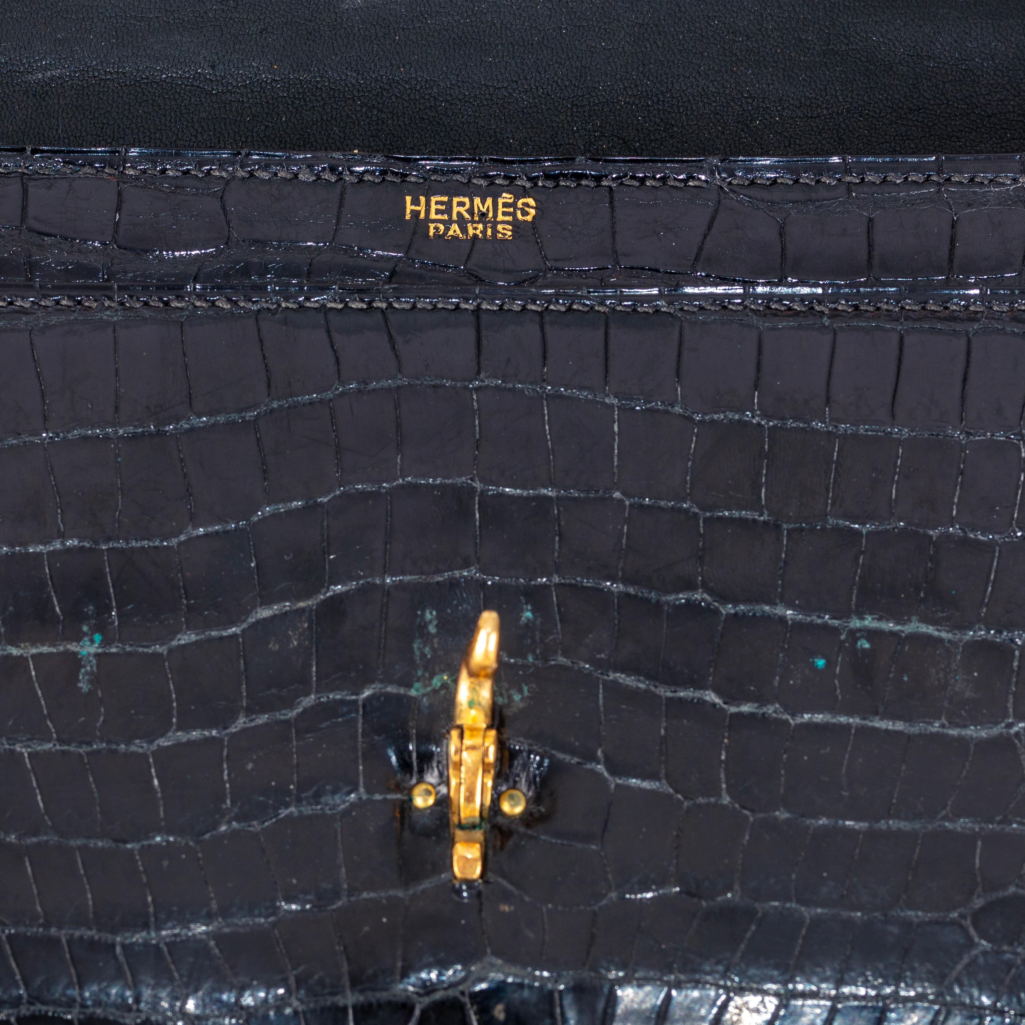 De las mujeres Aut. Hermès Bolso Embrague Pallonnier Negro Porosus Cocodrilo Vintage Coleccionista en venta