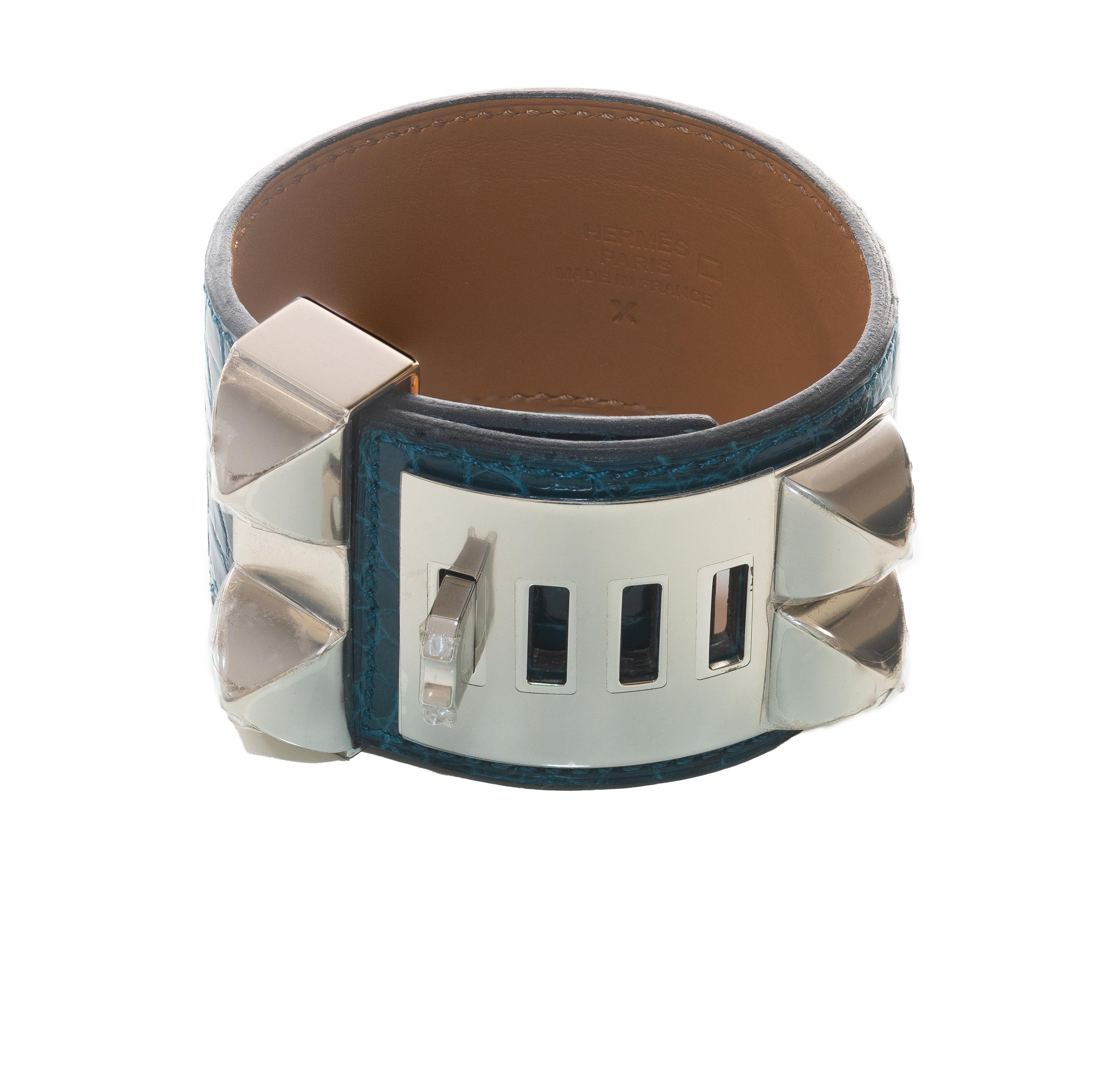 Autor. HERMES Collier de Chien Médor Armband - dunkelgrünes Krokoleder ESP (Art déco) im Angebot