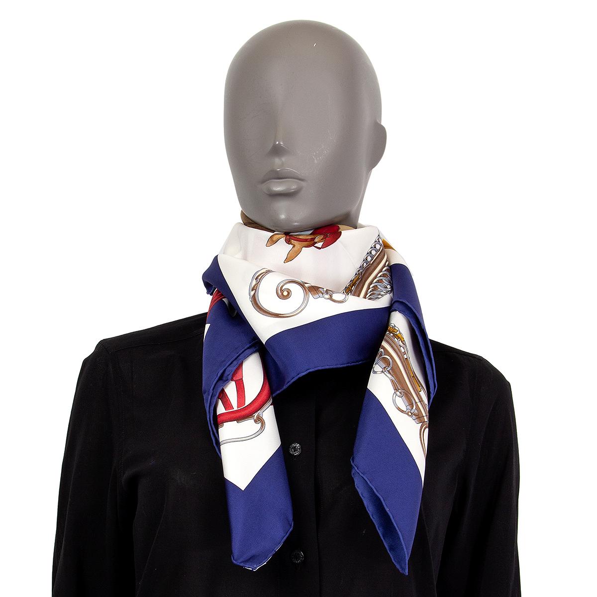 Women's or Men's auth HERMES dark blue ATTELAGE EN ARBALETE 90 silk twill Scarf